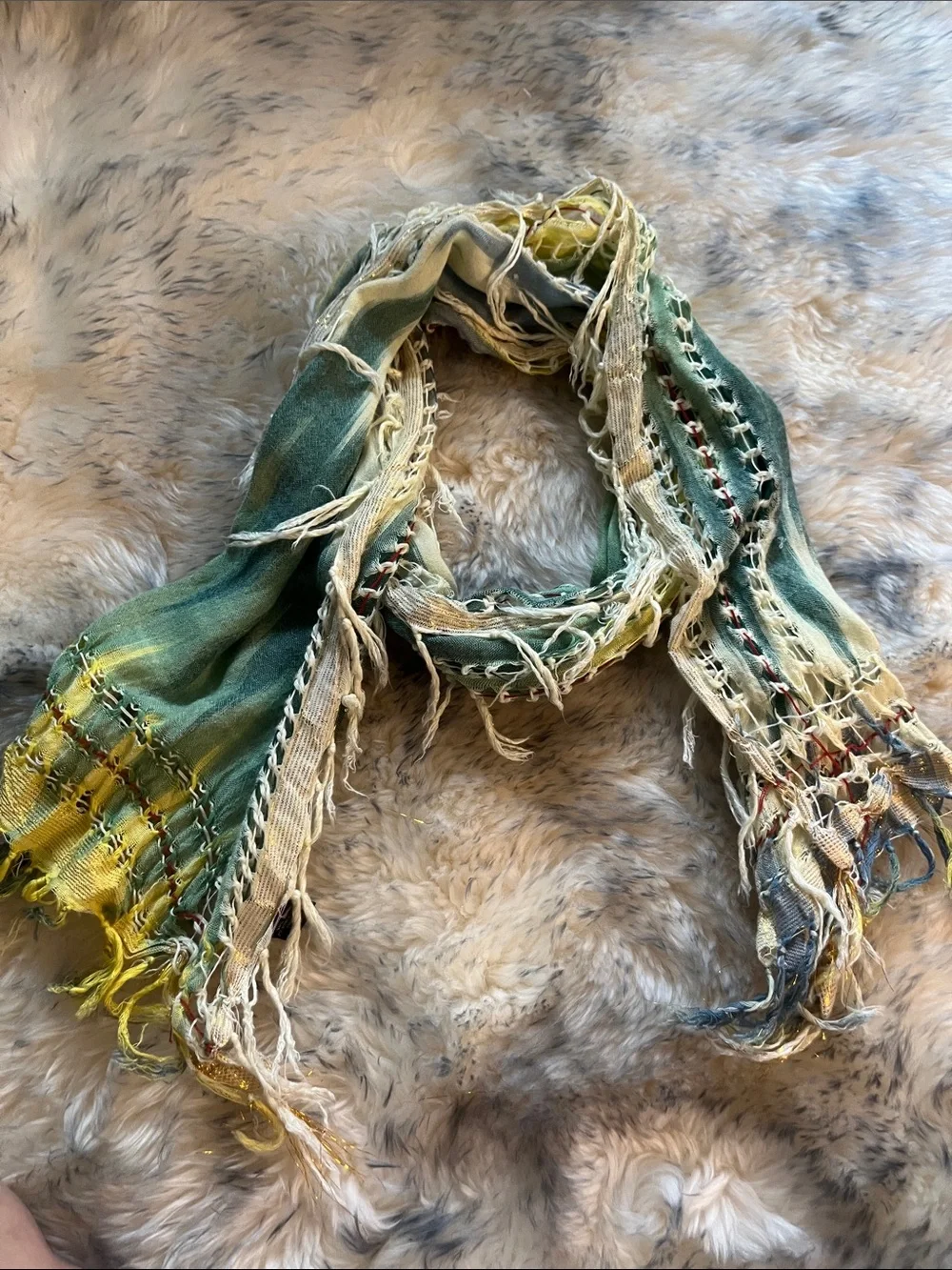 GORGEOUS Fringed Green and Yellow Boho Scarf